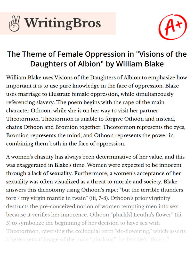 The Theme of Female Oppression in "Visions of the Daughters of Albion" by William Blake essay
