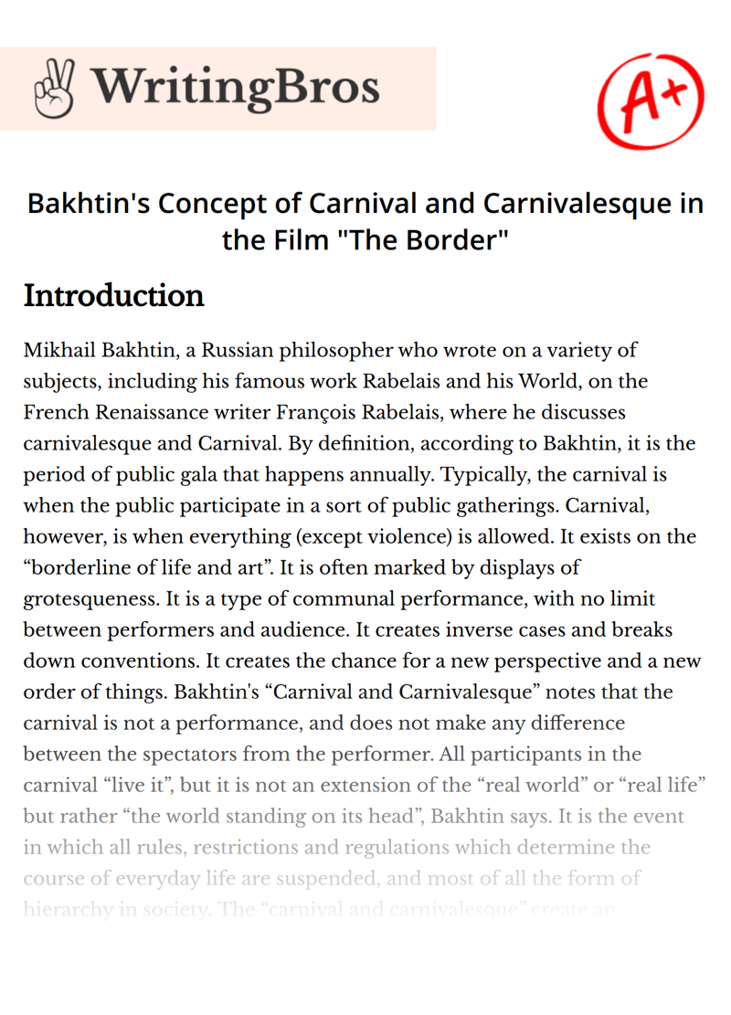 Bakhtin's Concept of Carnival and Carnivalesque in the Film "The Border" essay