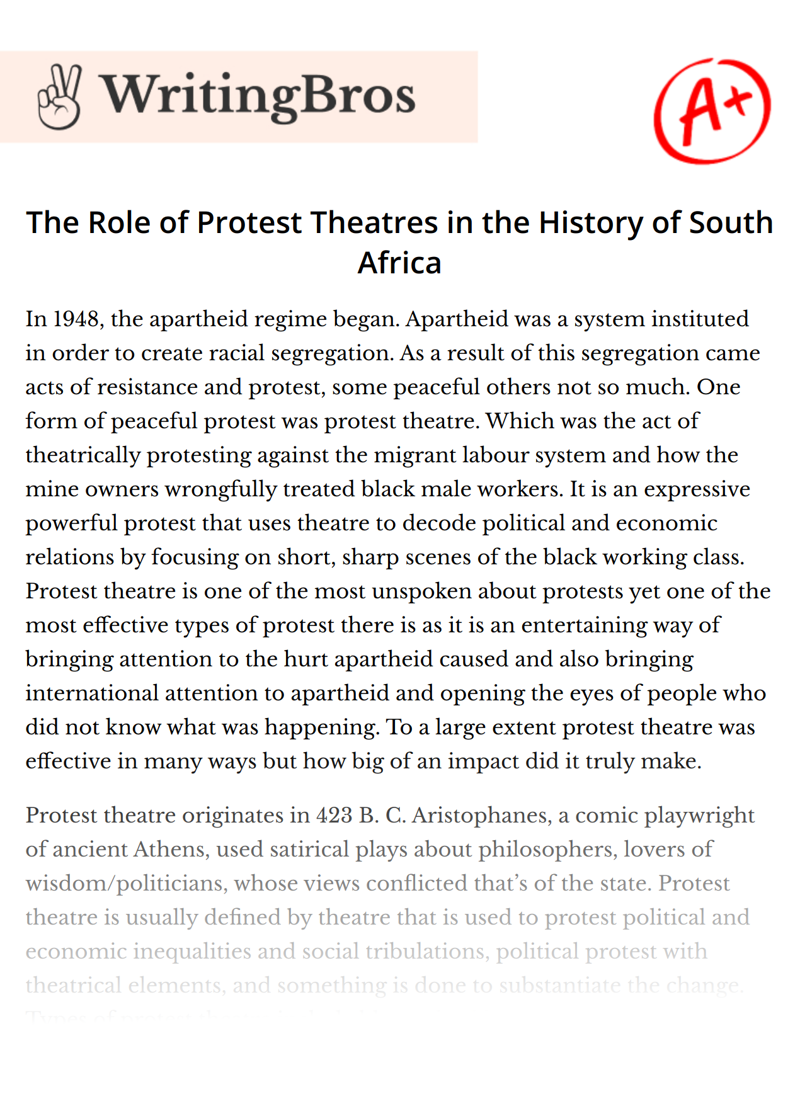 The Role of Protest Theatres in the History of South Africa essay