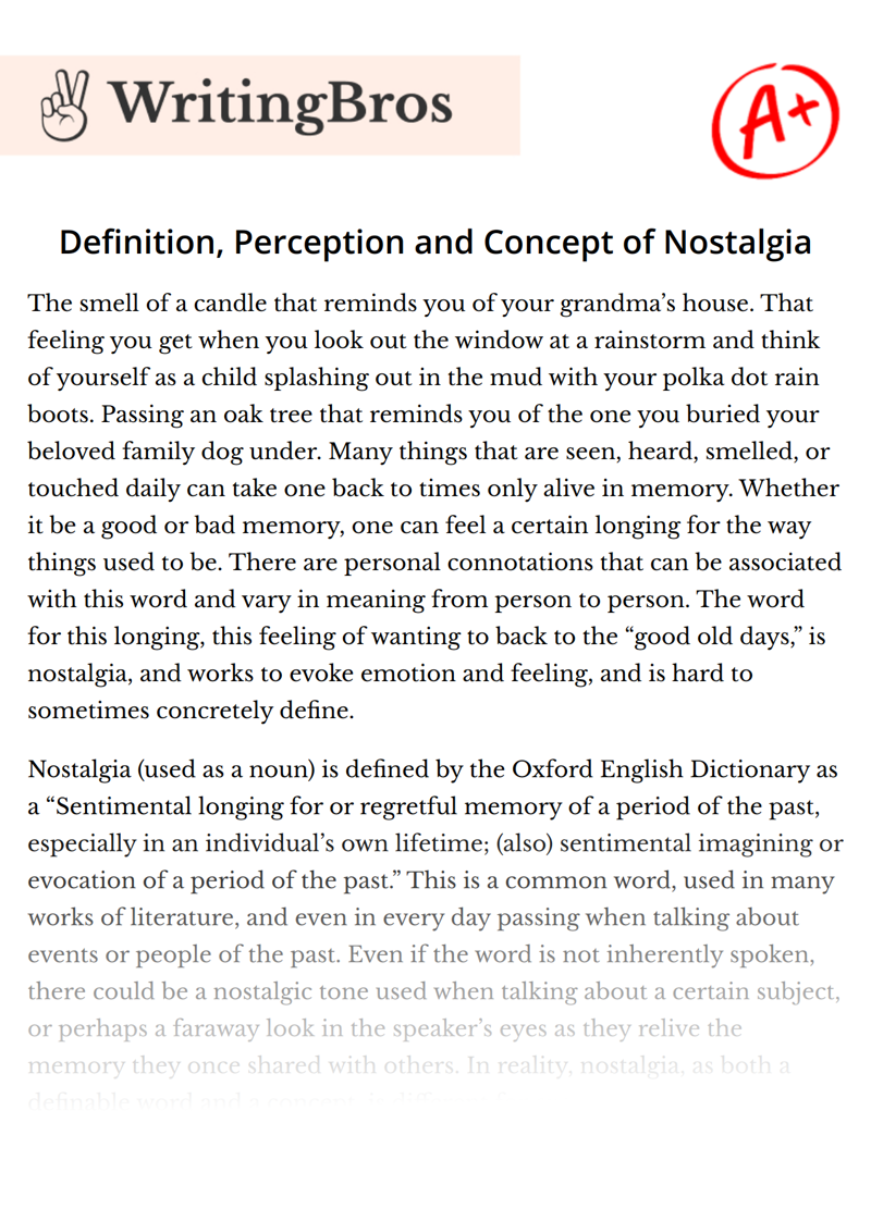 Definition, Perception and Concept of Nostalgia essay