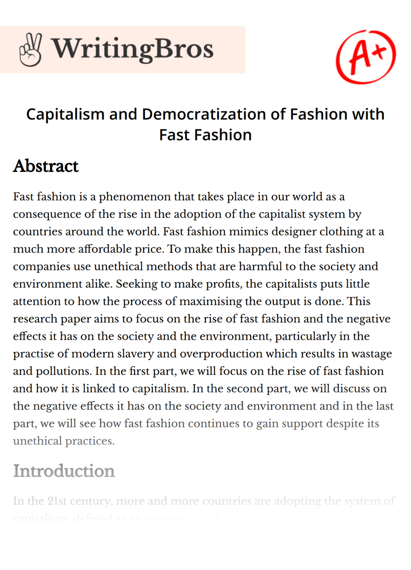 Capitalism and Democratization of Fashion with Fast Fashion essay