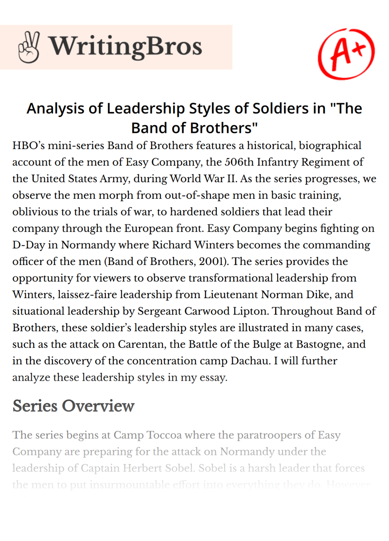 Analysis of Leadership Styles of Soldiers in "The Band of Brothers" essay