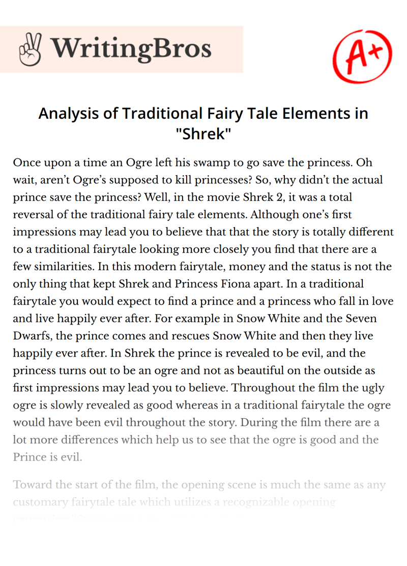 Analysis of Traditional Fairy Tale Elements in "Shrek" essay
