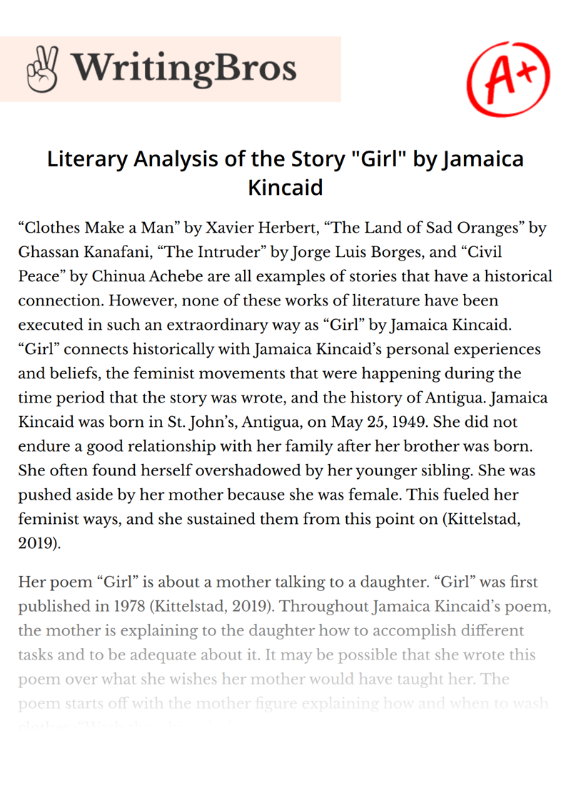 Literary Analysis of the Story "Girl" by Jamaica Kincaid essay