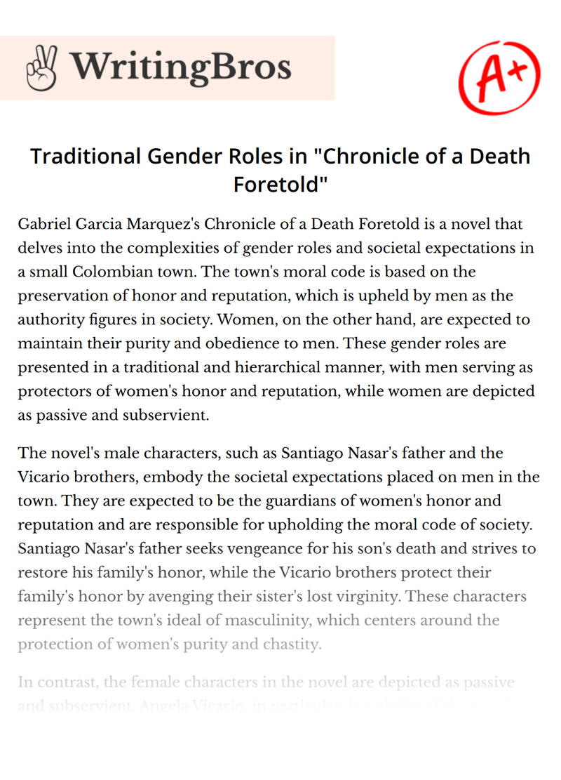 Traditional Gender Roles in "Chronicle of a Death Foretold" essay
