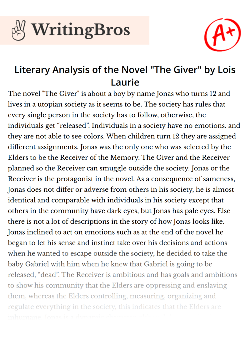 Literary Analysis of the Novel "The Giver" by Lois Laurie essay