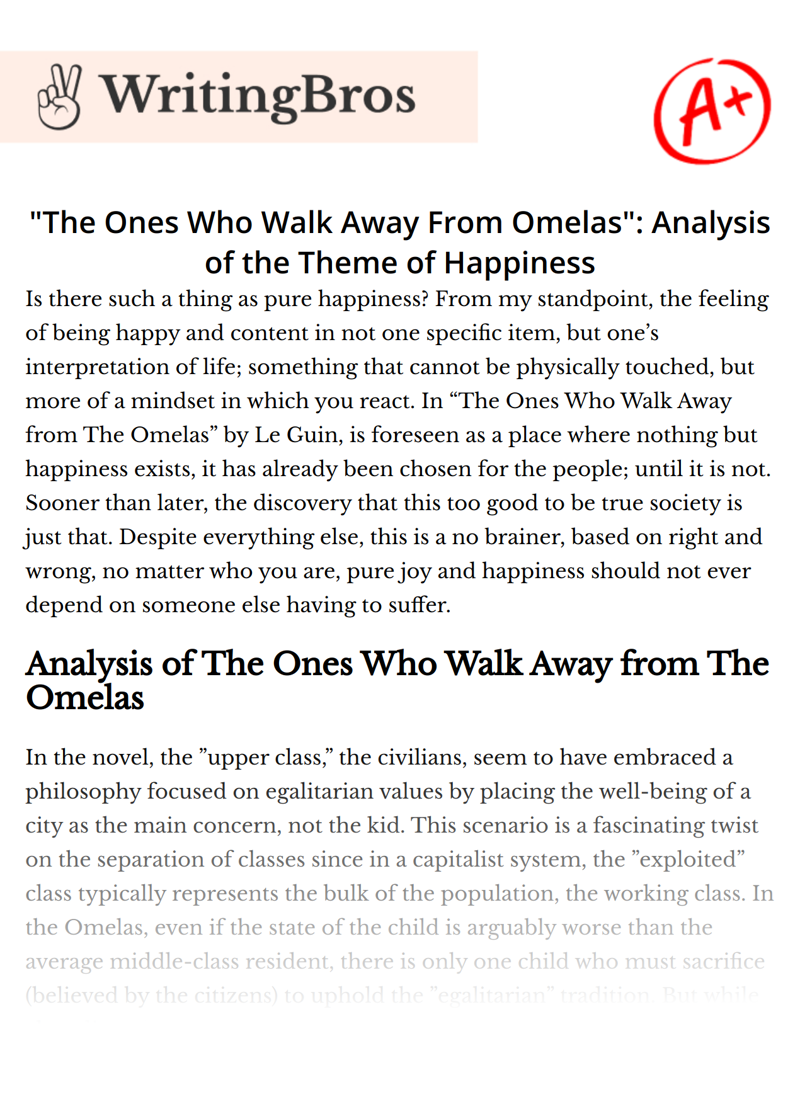 "The Ones Who Walk Away From Omelas": Analysis of the Theme of Happiness essay