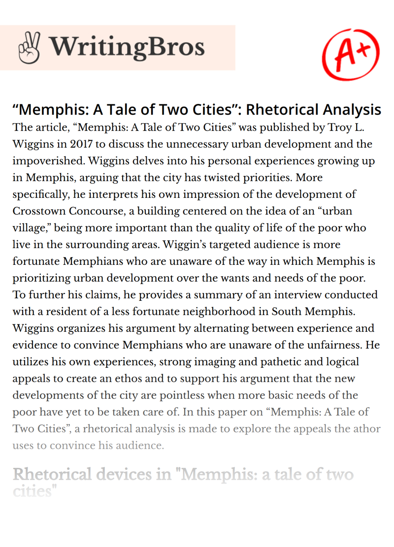 “Memphis: A Tale of Two Cities”: Rhetorical Analysis essay