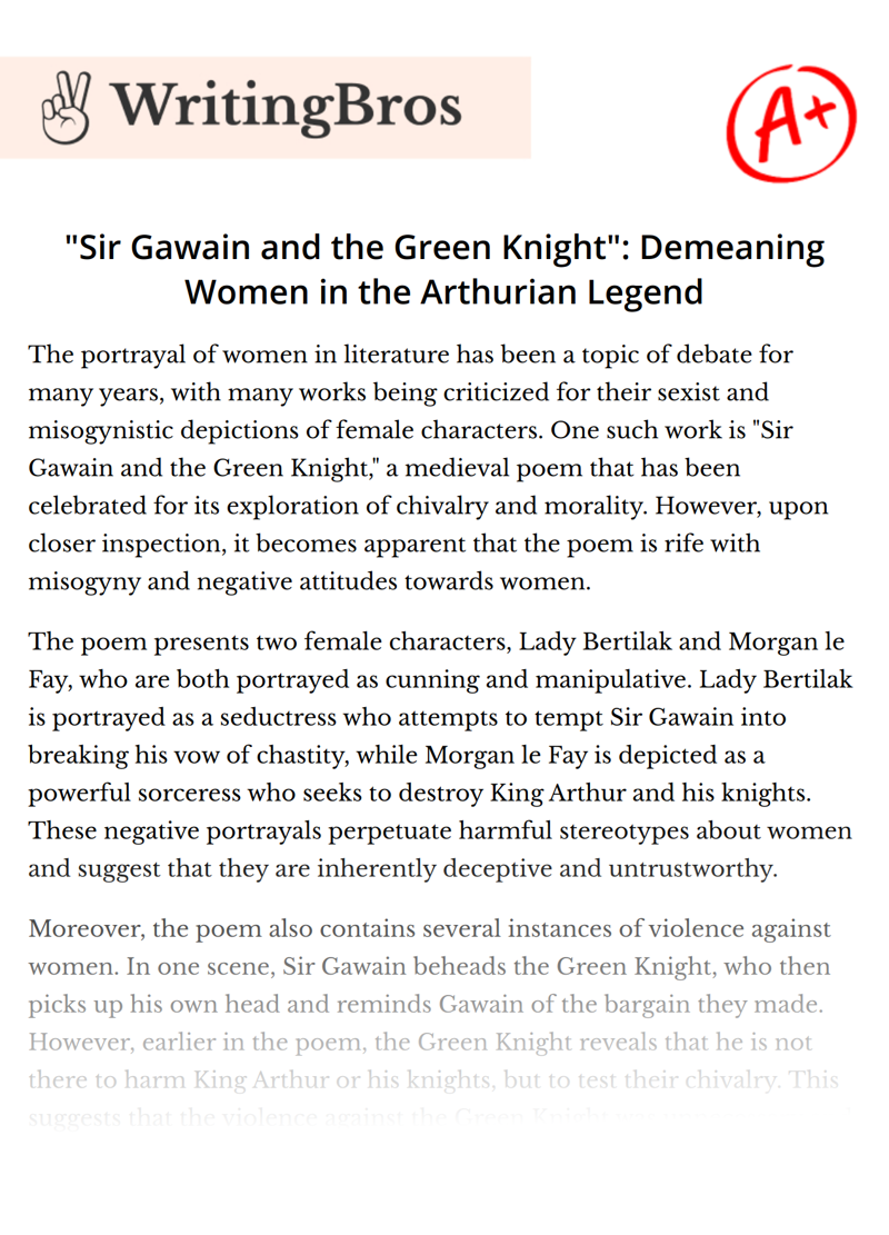 "Sir Gawain and the Green Knight": Demeaning Women in the Arthurian Legend essay