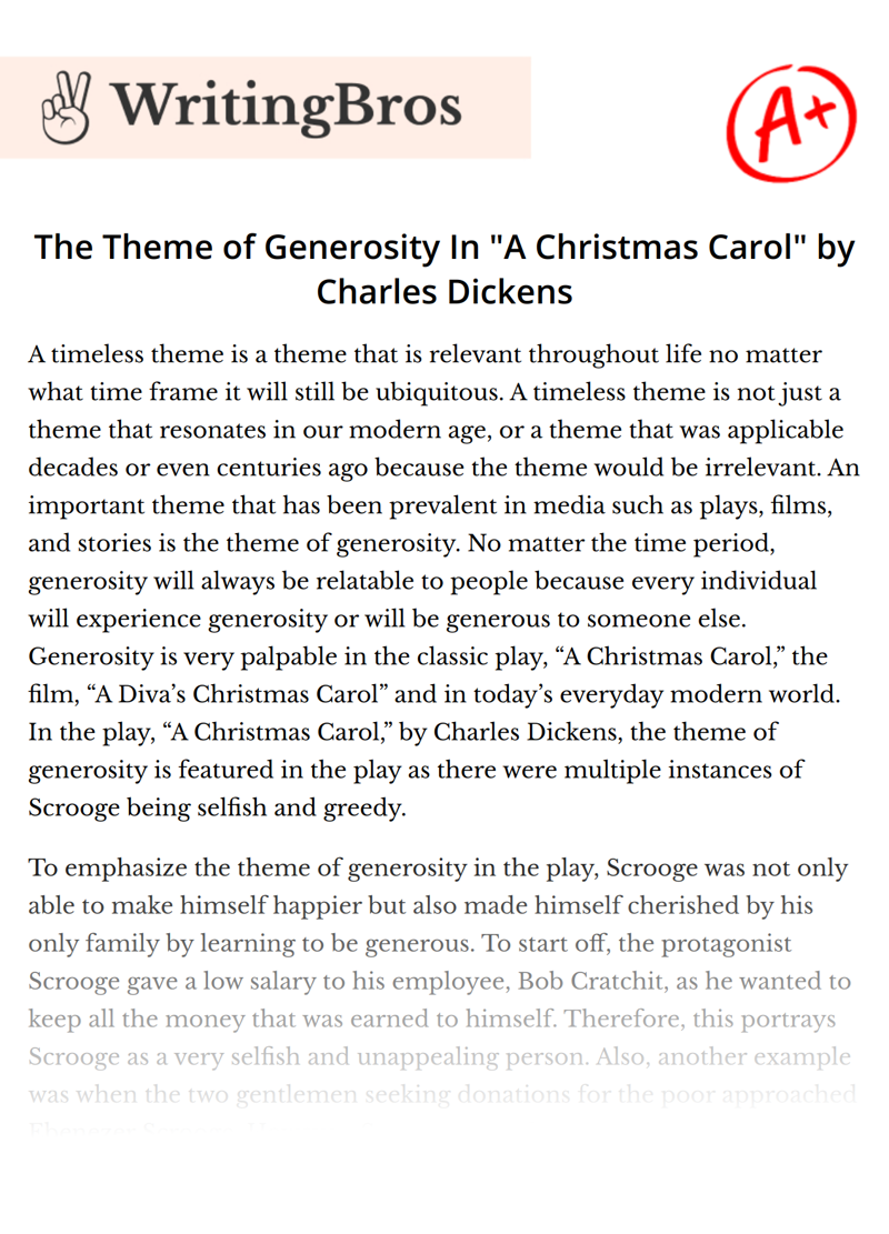 The Theme of Generosity In "A Christmas Carol" by Charles Dickens essay