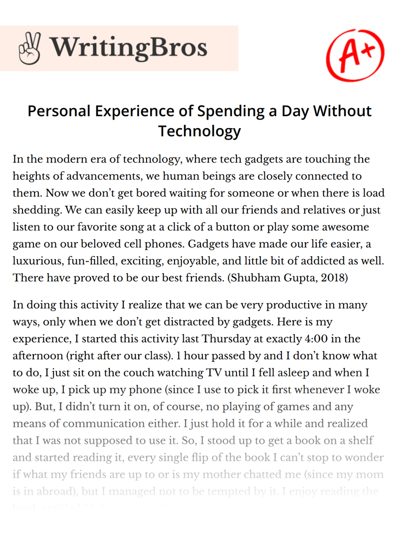 Personal Experience of Spending a Day Without Technology essay