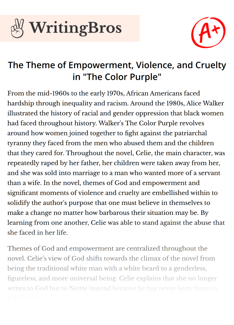 The Theme of Empowerment, Violence, and Cruelty in "The Color Purple" essay