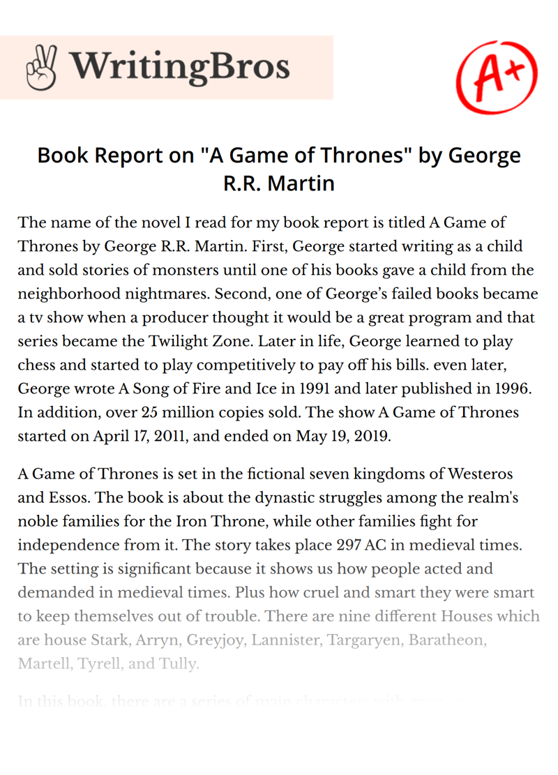 Book Report on "A Game of Thrones" by George R.R. Martin essay