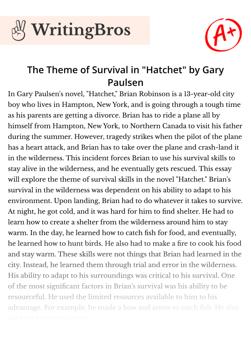 The Theme of Survival in "Hatchet" by Gary Paulsen essay