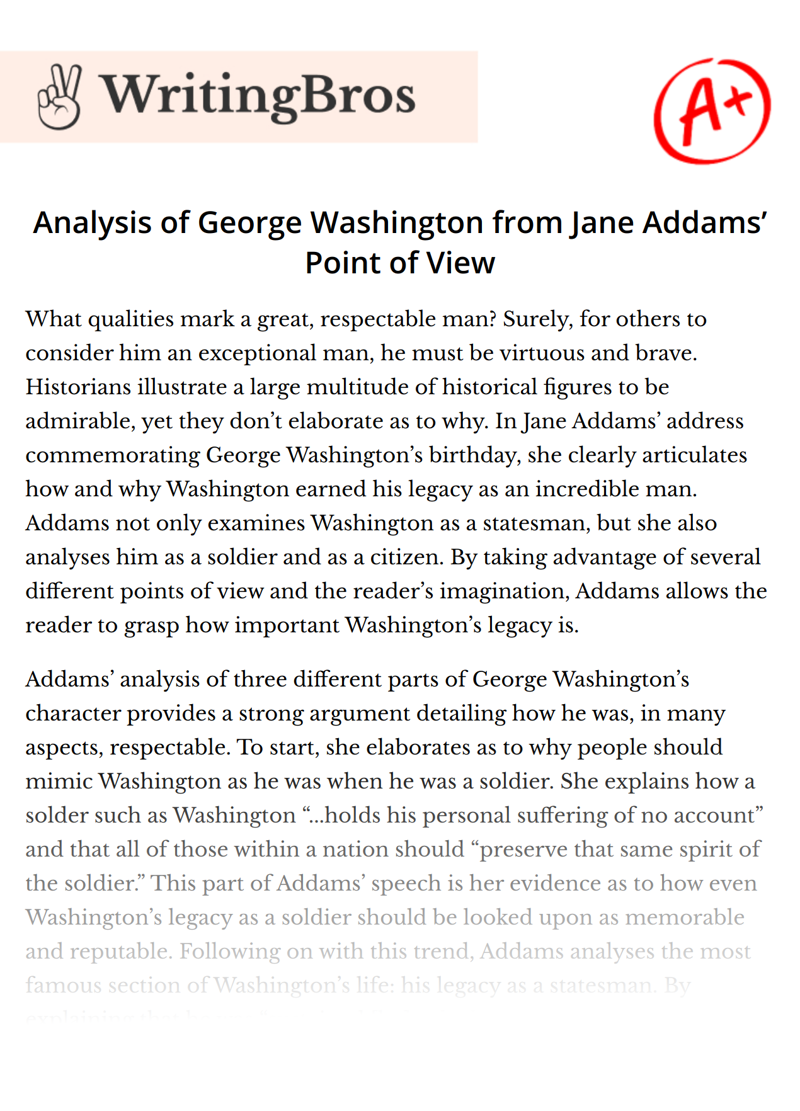 Analysis of George Washington from Jane Addams’ Point of View essay