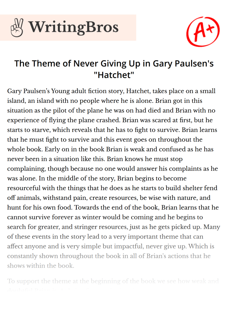 The Theme of Never Giving Up in Gary Paulsen's "Hatchet" essay