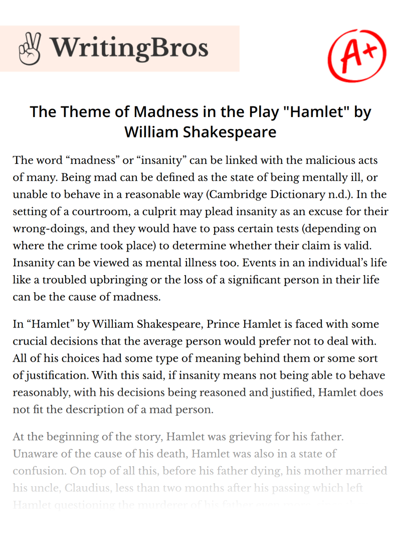 The Theme of Madness in the Play "Hamlet" by William Shakespeare essay