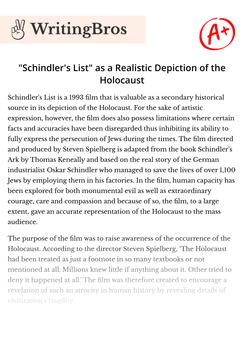 "Schindler's List" as a Realistic Depiction of the Holocaust essay