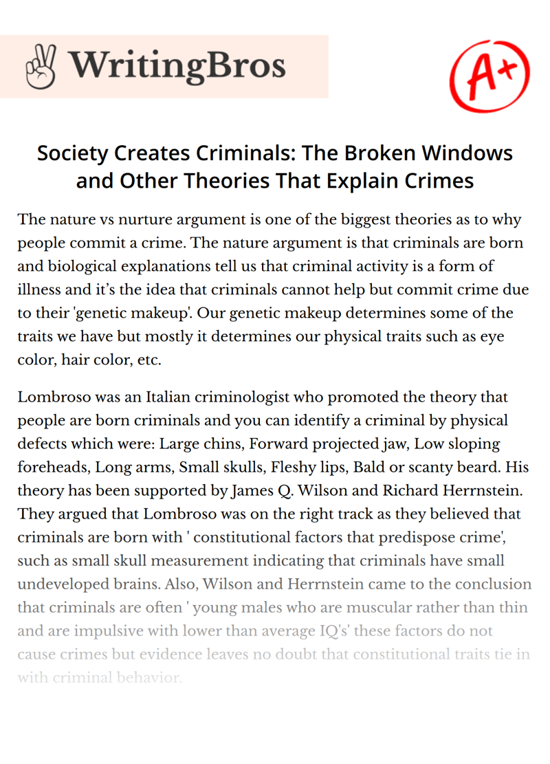 Society Creates Criminals: The Broken Windows and Other Theories That Explain Crimes essay