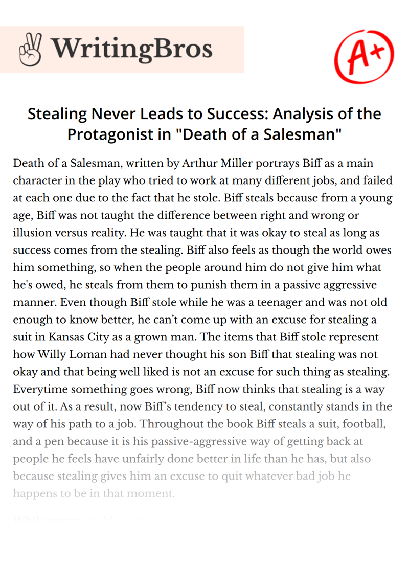 Stealing Never Leads to Success: Analysis of the Protagonist in "Death of a Salesman" essay