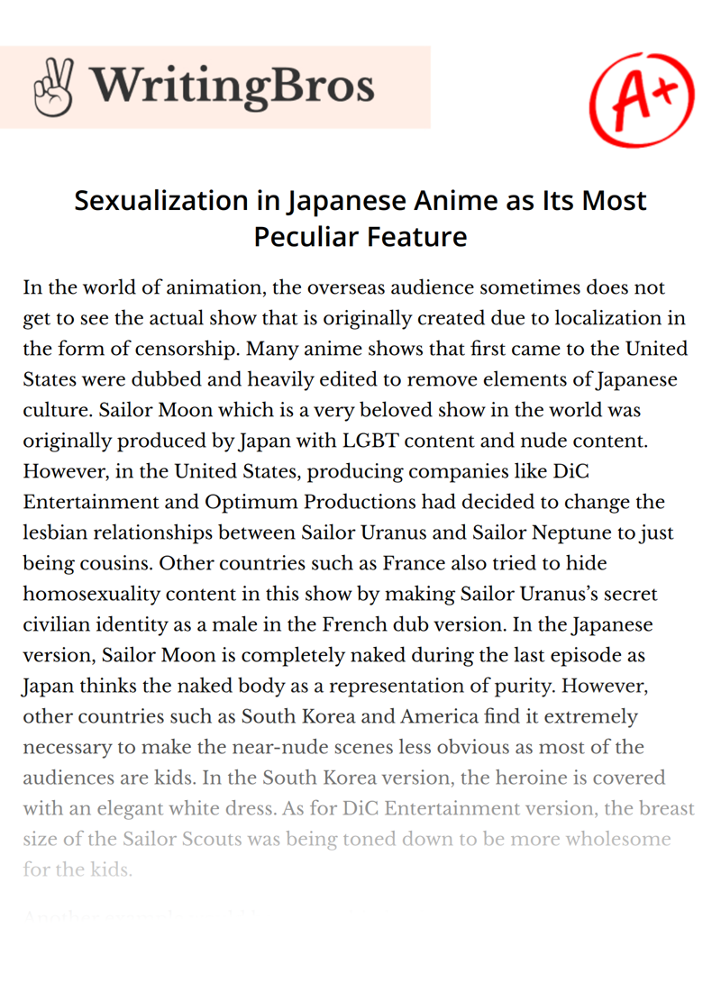 Sexualization in Japanese Anime as Its Most Peculiar Feature essay