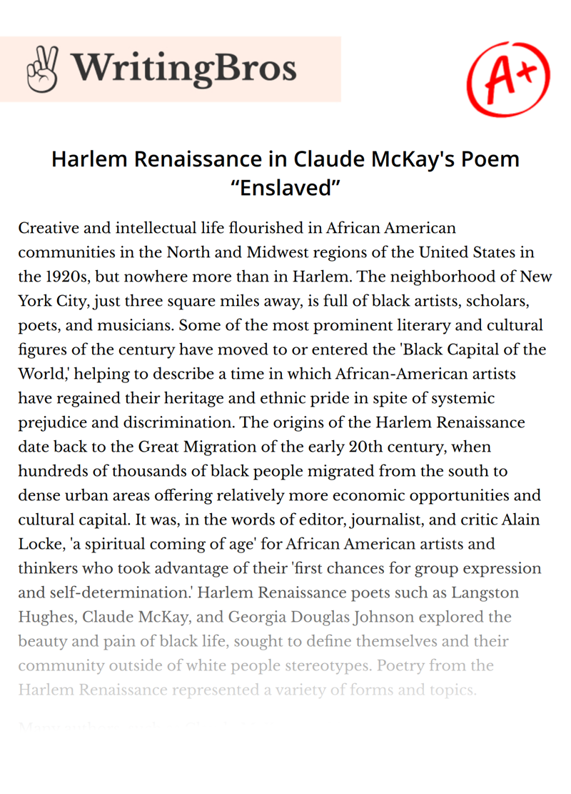Harlem Renaissance in Claude McKay's Poem “Enslaved” essay