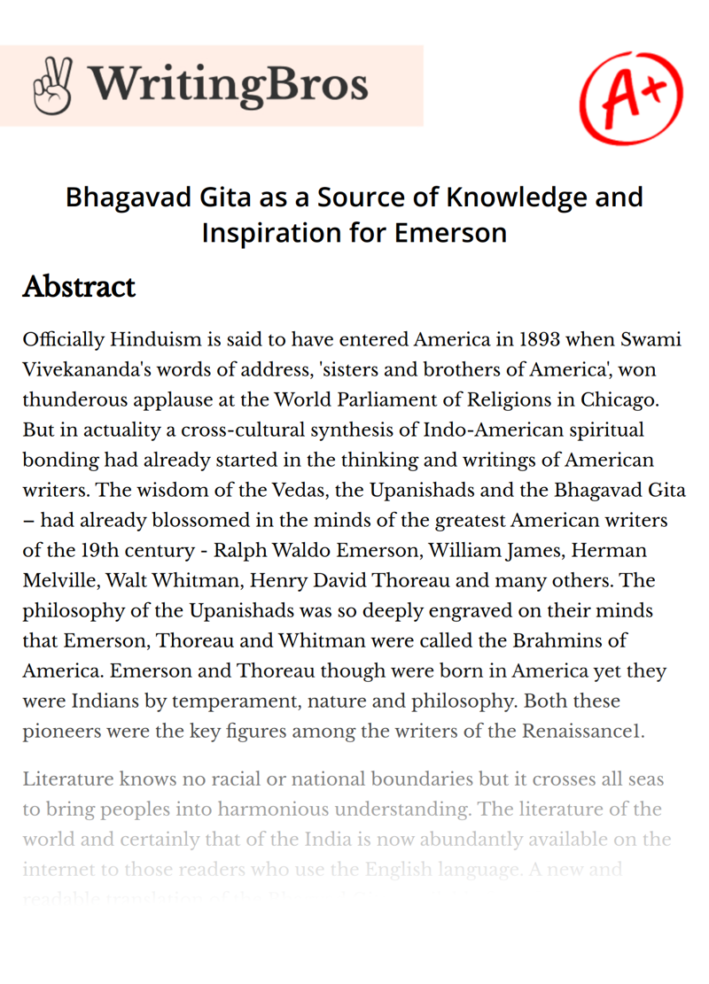 Bhagavad Gita as a Source of Knowledge and Inspiration for Emerson essay