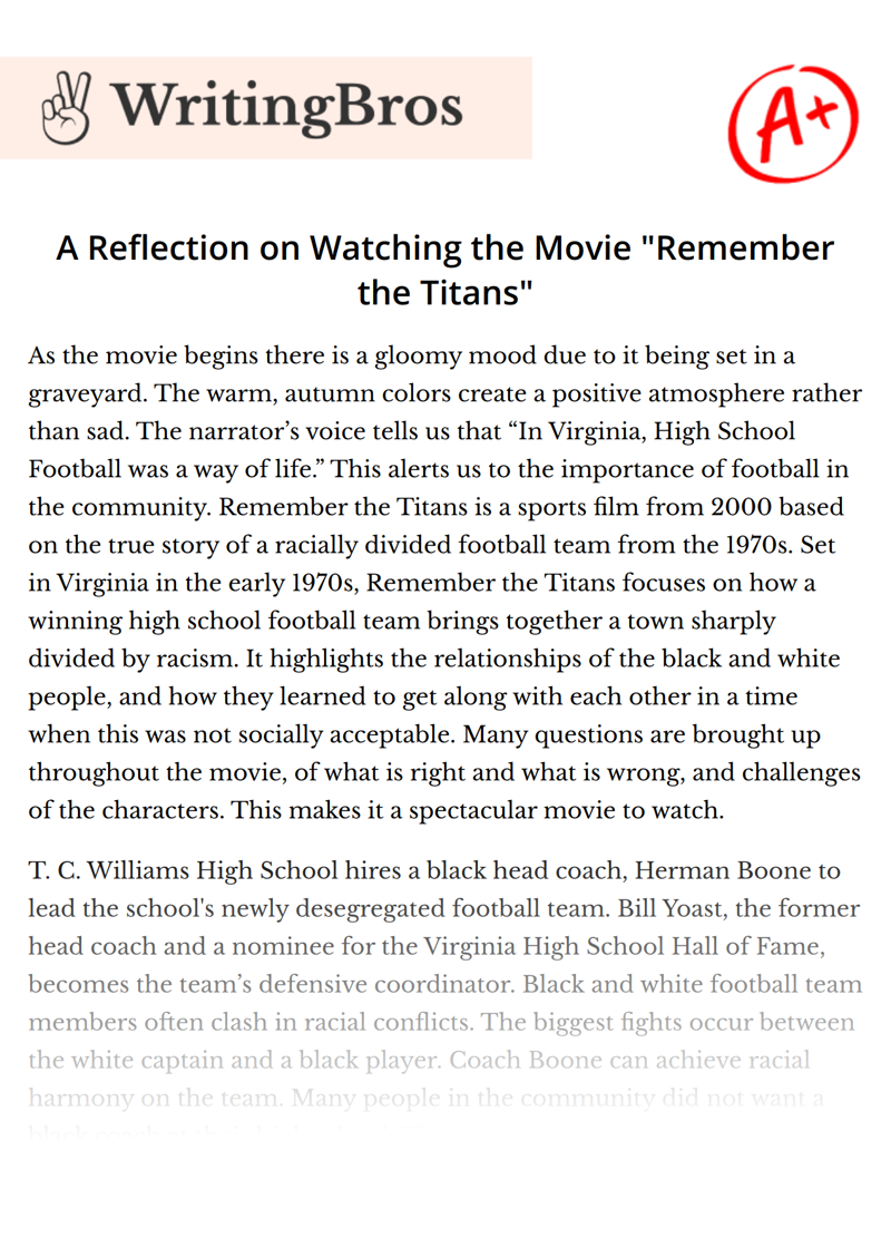 A Reflection on Watching the Movie "Remember the Titans" essay