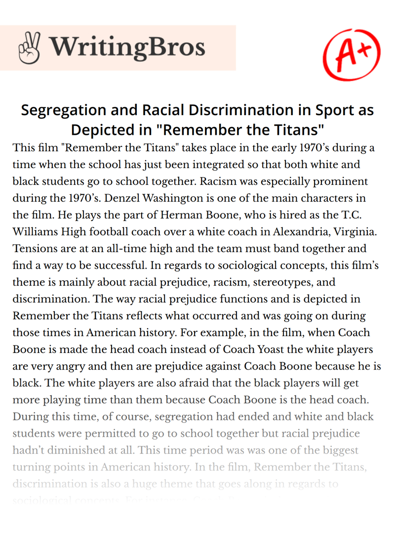 Segregation and Racial Discrimination in Sport as Depicted in "Remember the Titans" essay
