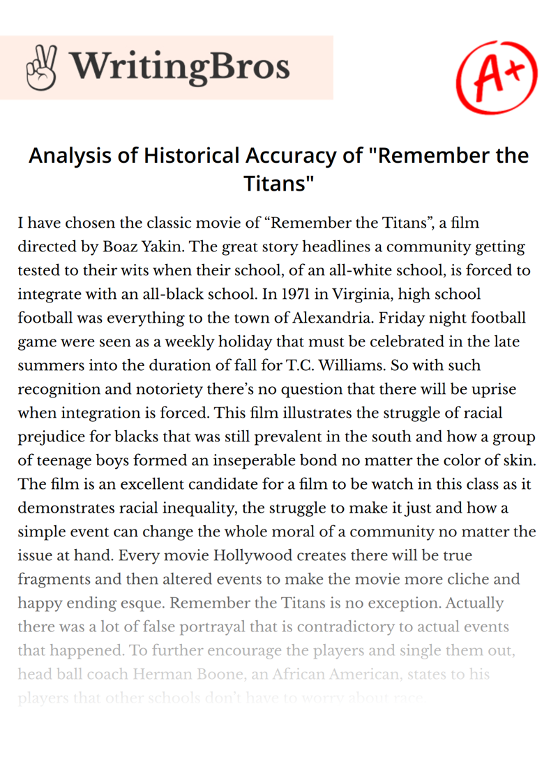 Analysis of Historical Accuracy of "Remember the Titans" essay