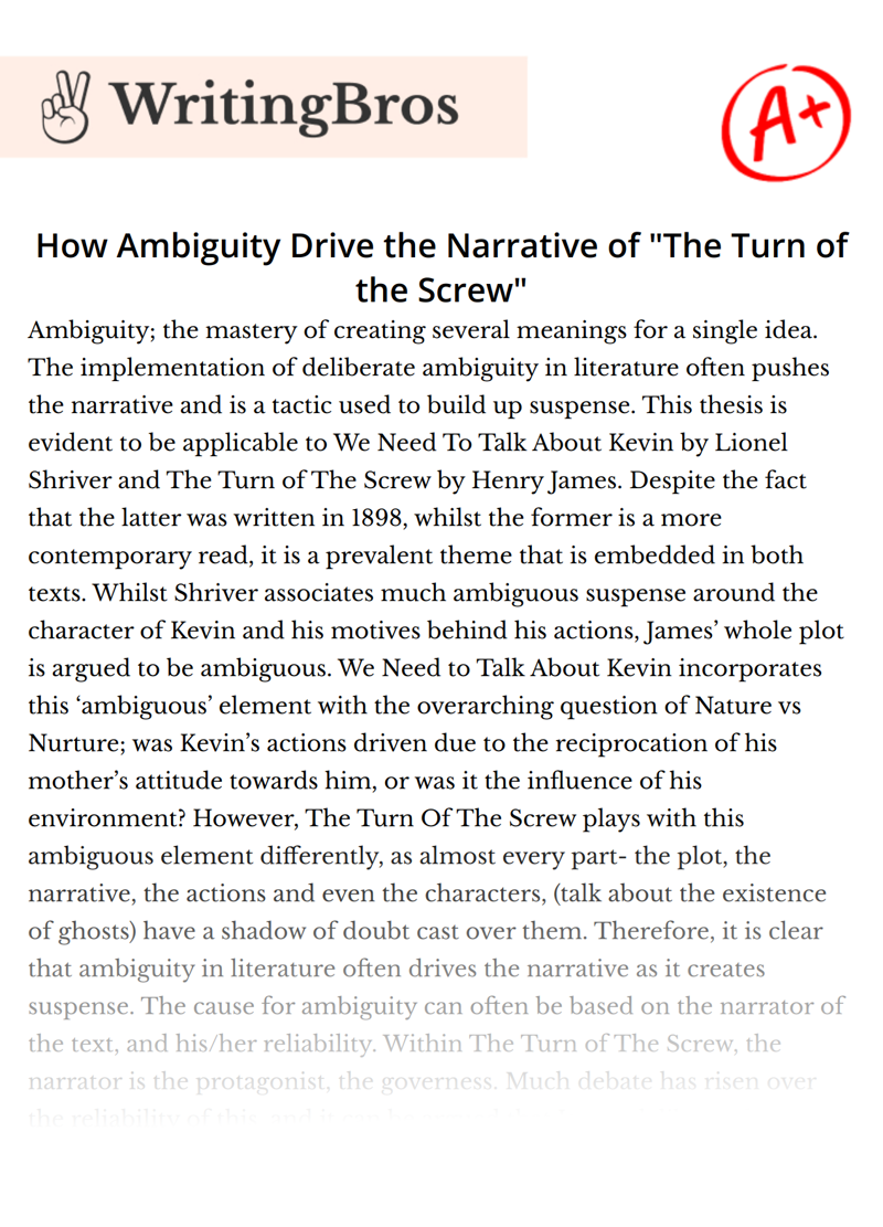 How Ambiguity Drive the Narrative of "The Turn of the Screw" essay