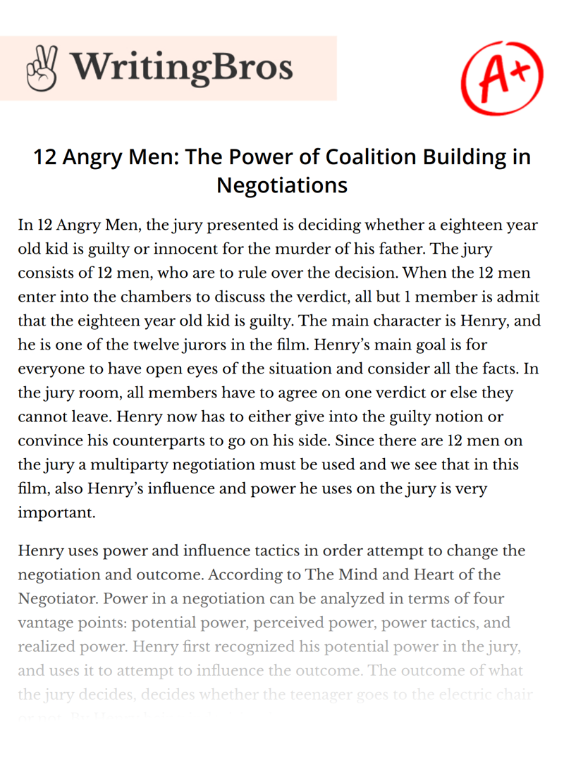 12 Angry Men: The Power of Coalition Building in Negotiations essay