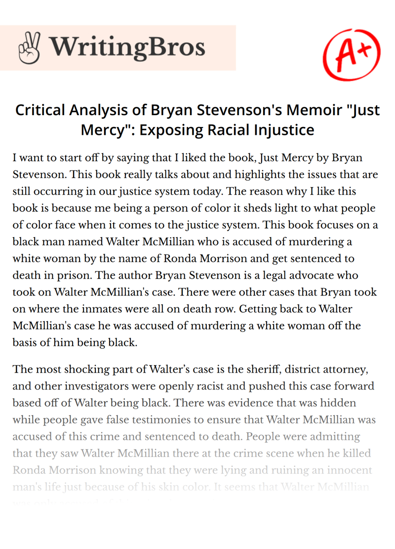Critical Analysis of Bryan Stevenson's Memoir "Just Mercy": Exposing Racial Injustice essay