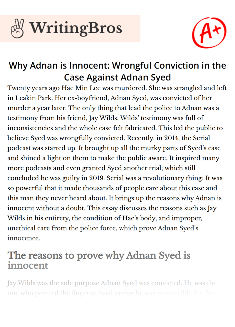 Why Adnan is Innocent: Wrongful Conviction in the Case Against Adnan Syed essay