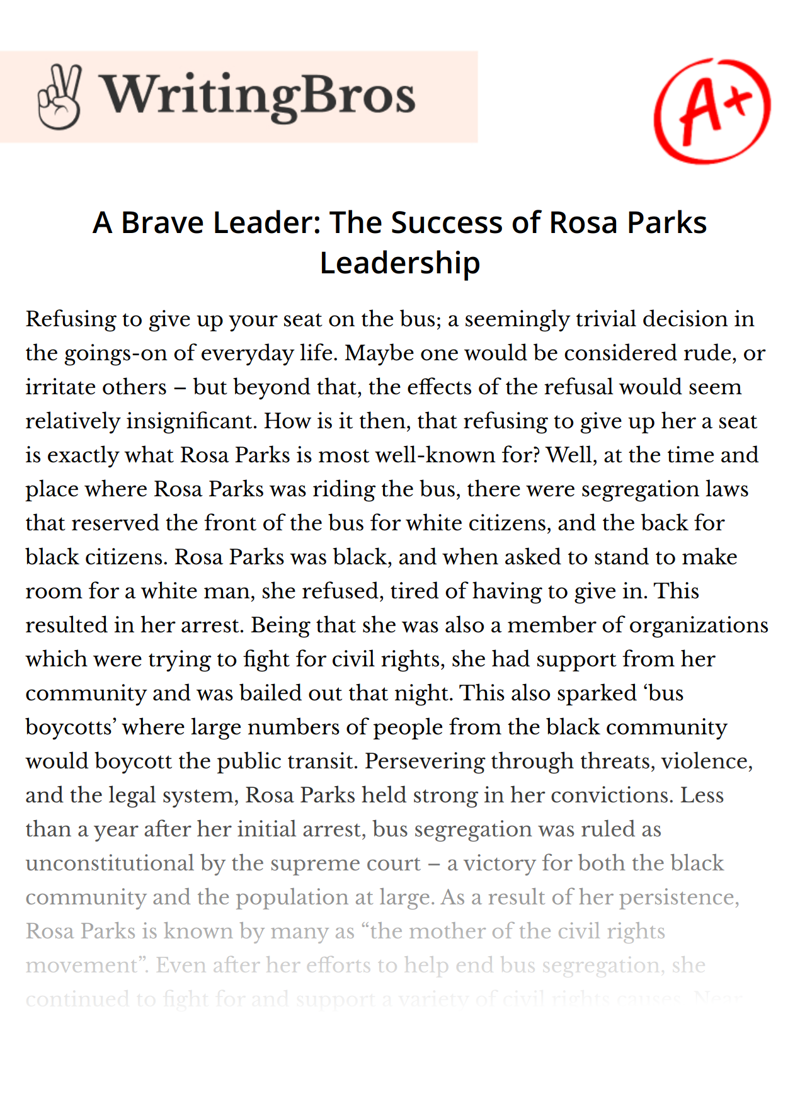 A Brave Leader: The Success of Rosa Parks Leadership essay