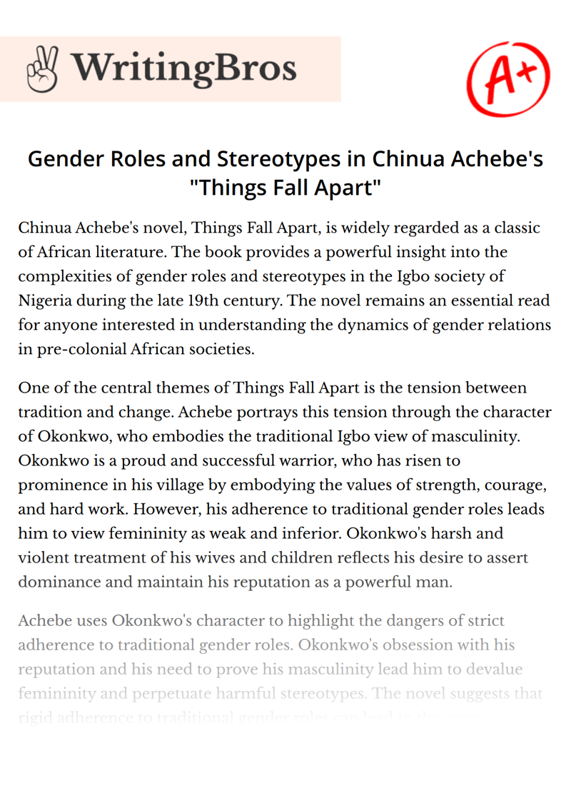 Gender Roles and Stereotypes in Chinua Achebe's "Things Fall Apart" essay