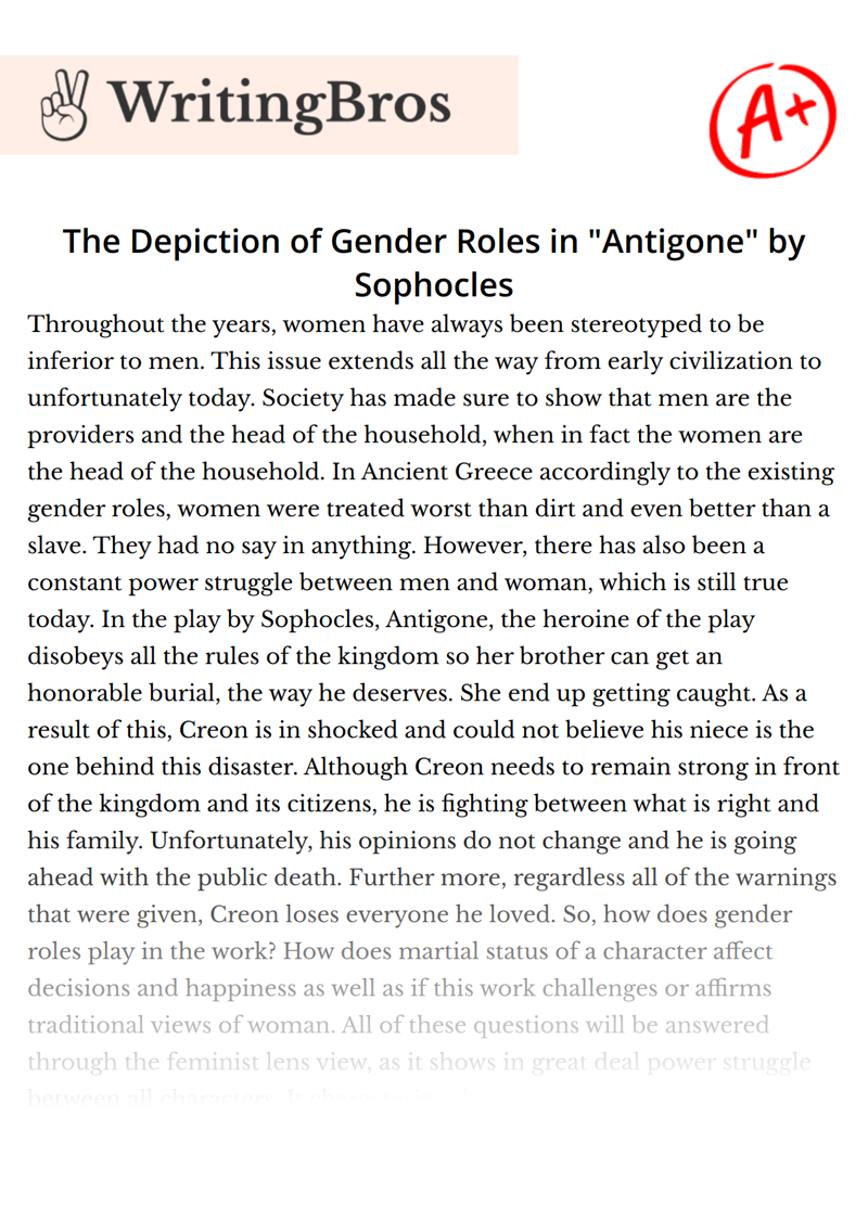 The Depiction of Gender Roles in "Antigone" by Sophocles essay