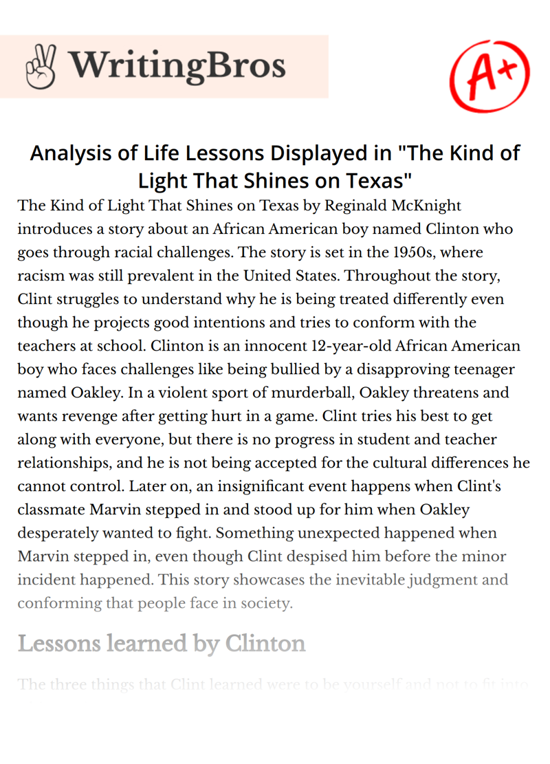 Analysis of Life Lessons Displayed in "The Kind of Light That Shines on Texas" essay