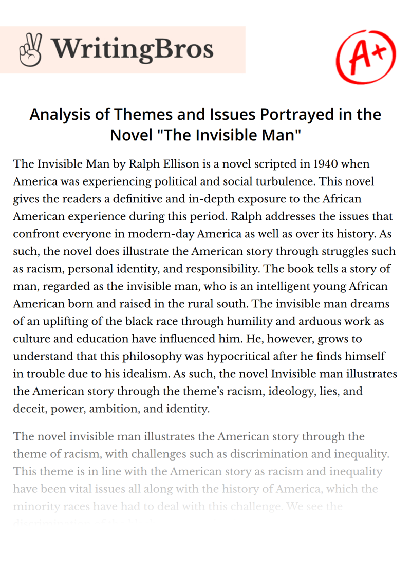 Analysis of Themes and Issues Portrayed in the Novel "The Invisible Man" essay
