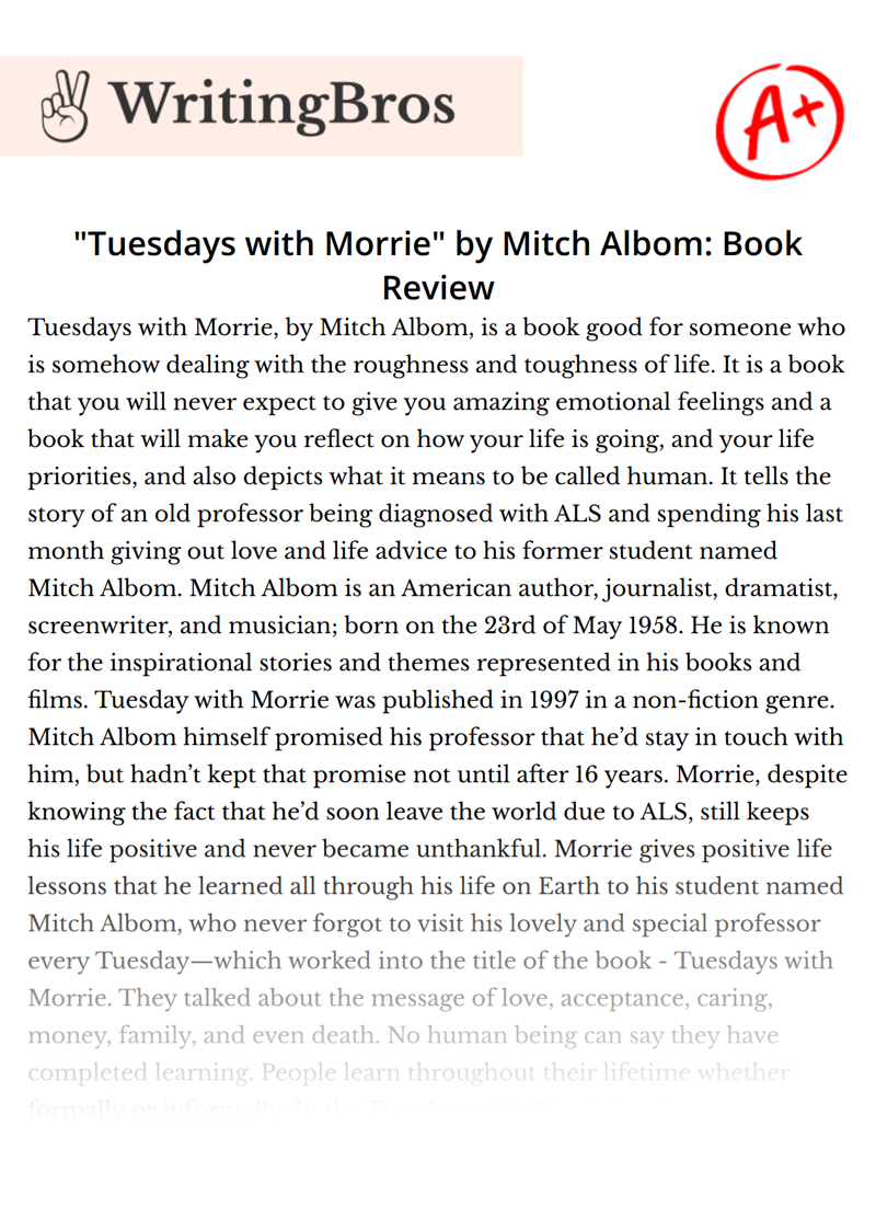 "Tuesdays with Morrie" by Mitch Albom: Book Review essay