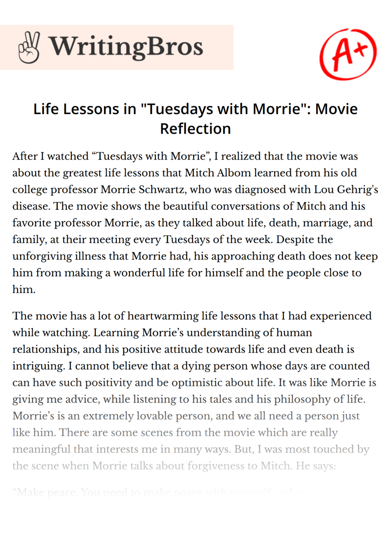 Life Lessons in "Tuesdays with Morrie": Movie Reflection essay
