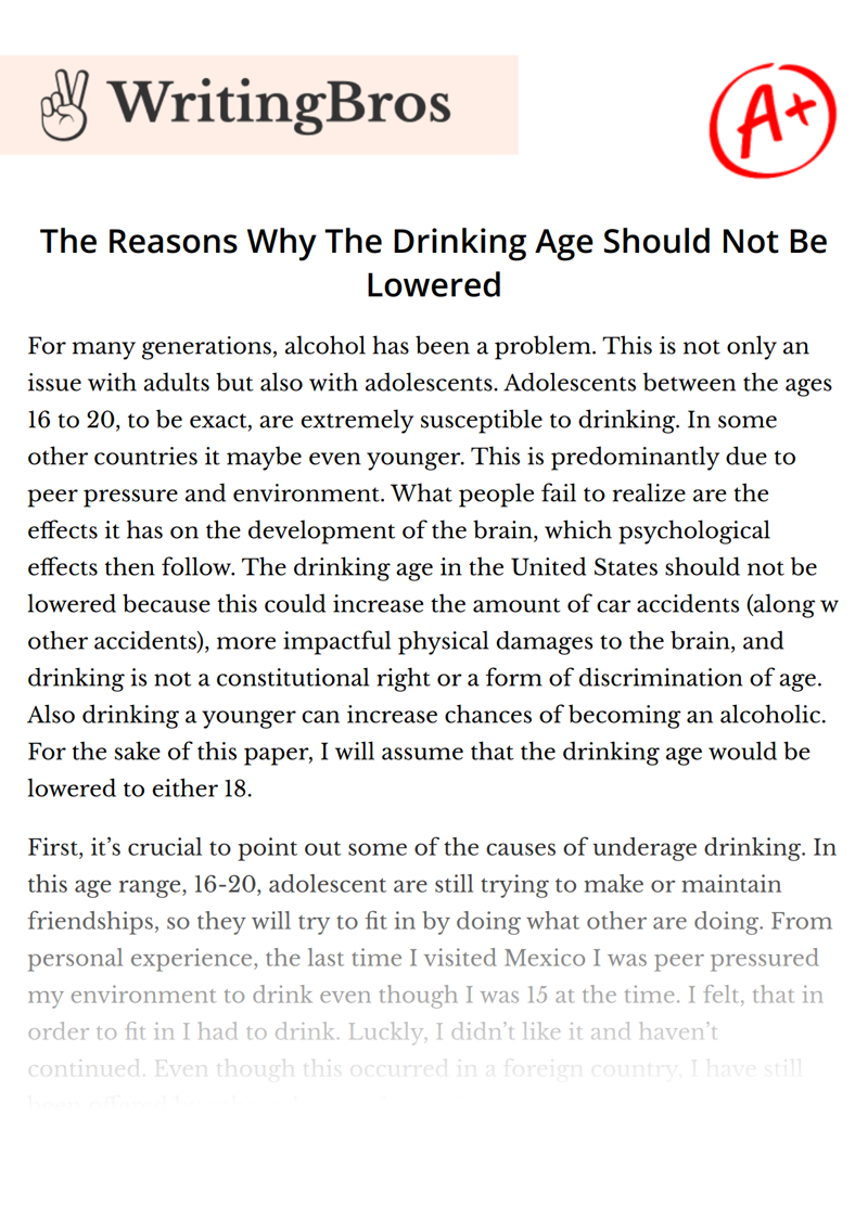 The Reasons Why The Drinking Age Should Not Be Lowered essay