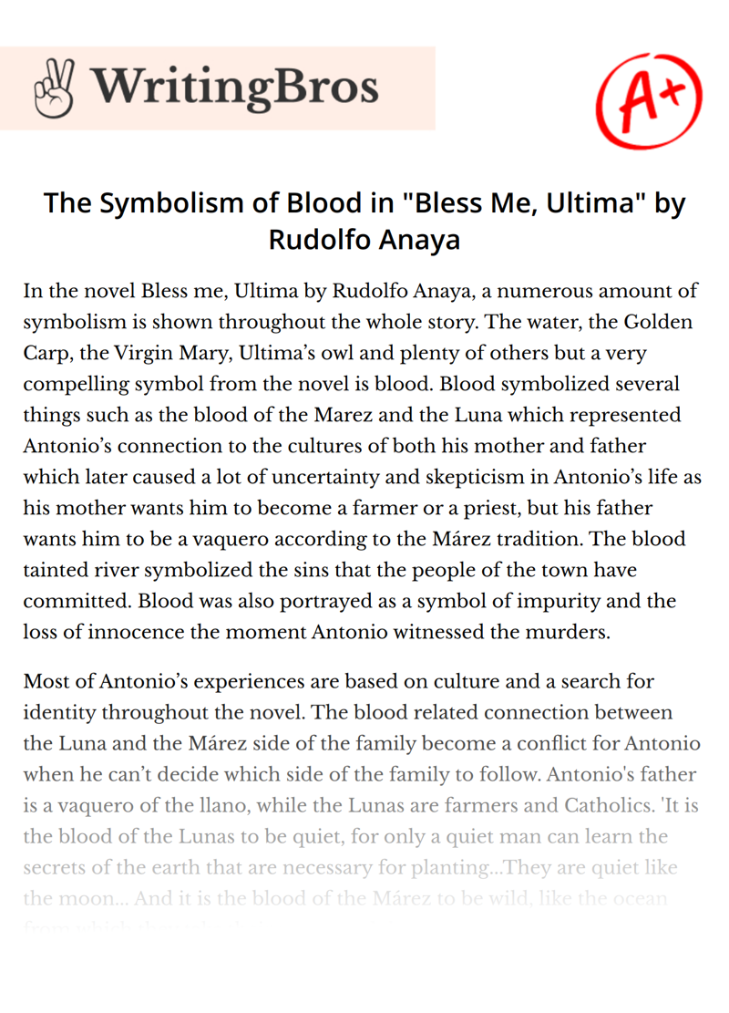 The Symbolism of Blood in "Bless Me, Ultima" by Rudolfo Anaya essay