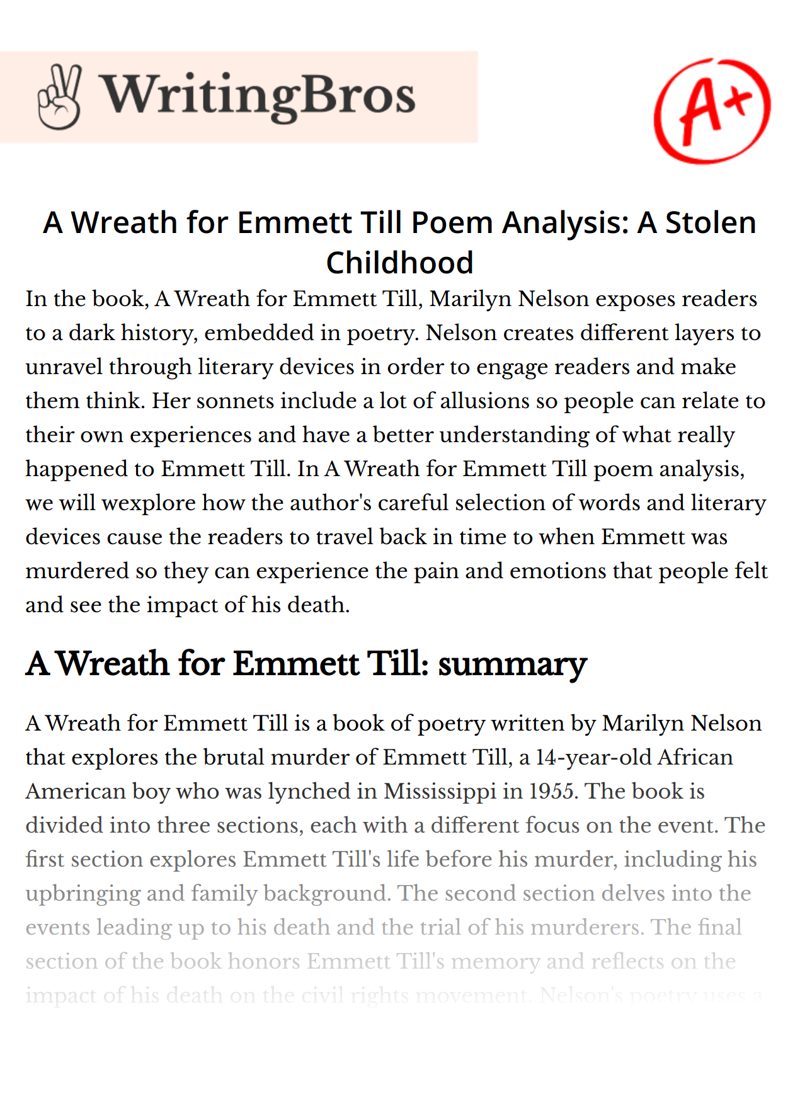 A Wreath for Emmett Till Poem Analysis: A Stolen Childhood essay