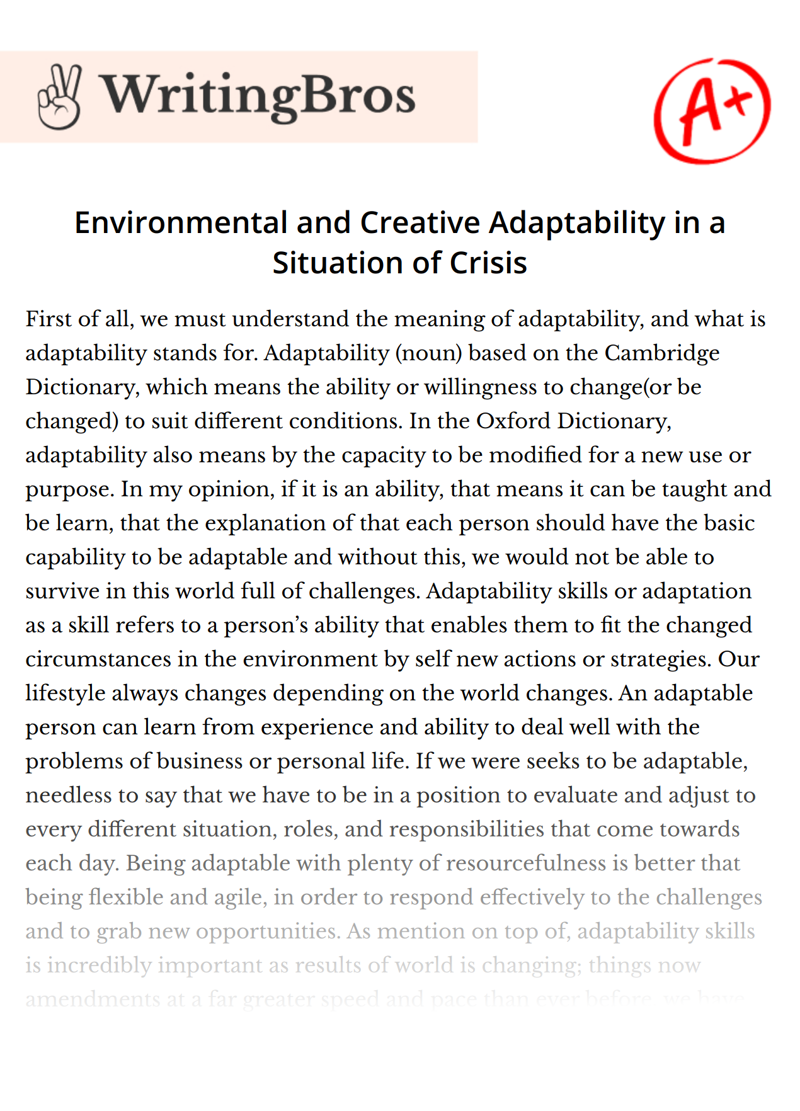 Environmental and Creative Adaptability in a Situation of Crisis essay