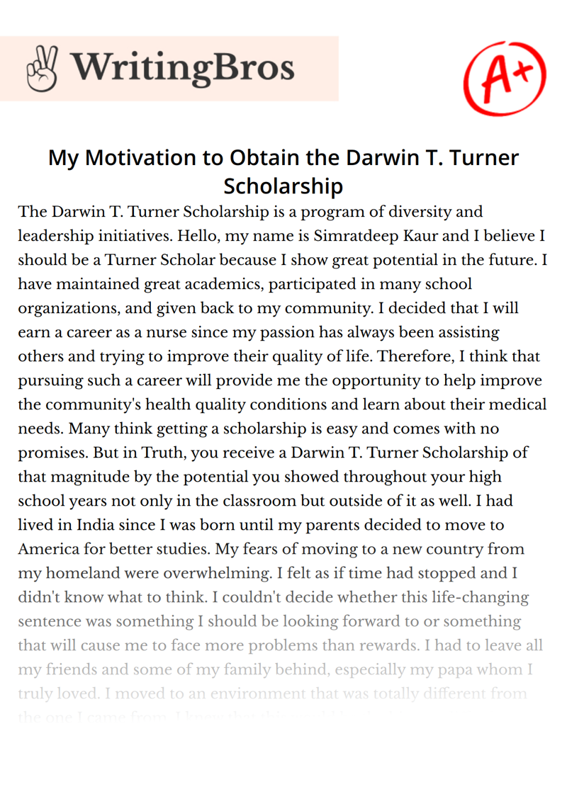 My Motivation to Obtain the Darwin T. Turner Scholarship essay