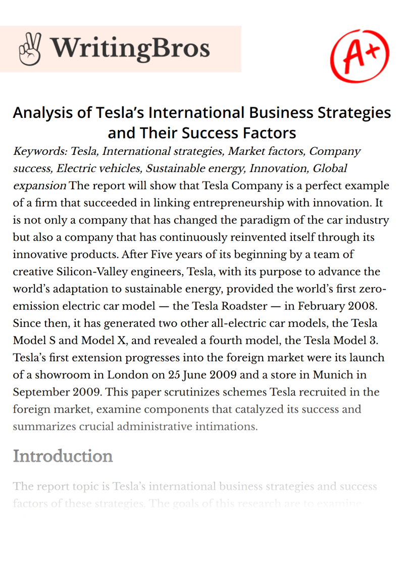 Analysis of Tesla’s International Business Strategies and Their Success Factors essay