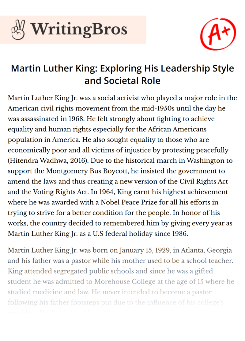 Martin Luther King: Exploring His Leadership Style and Societal Role  essay