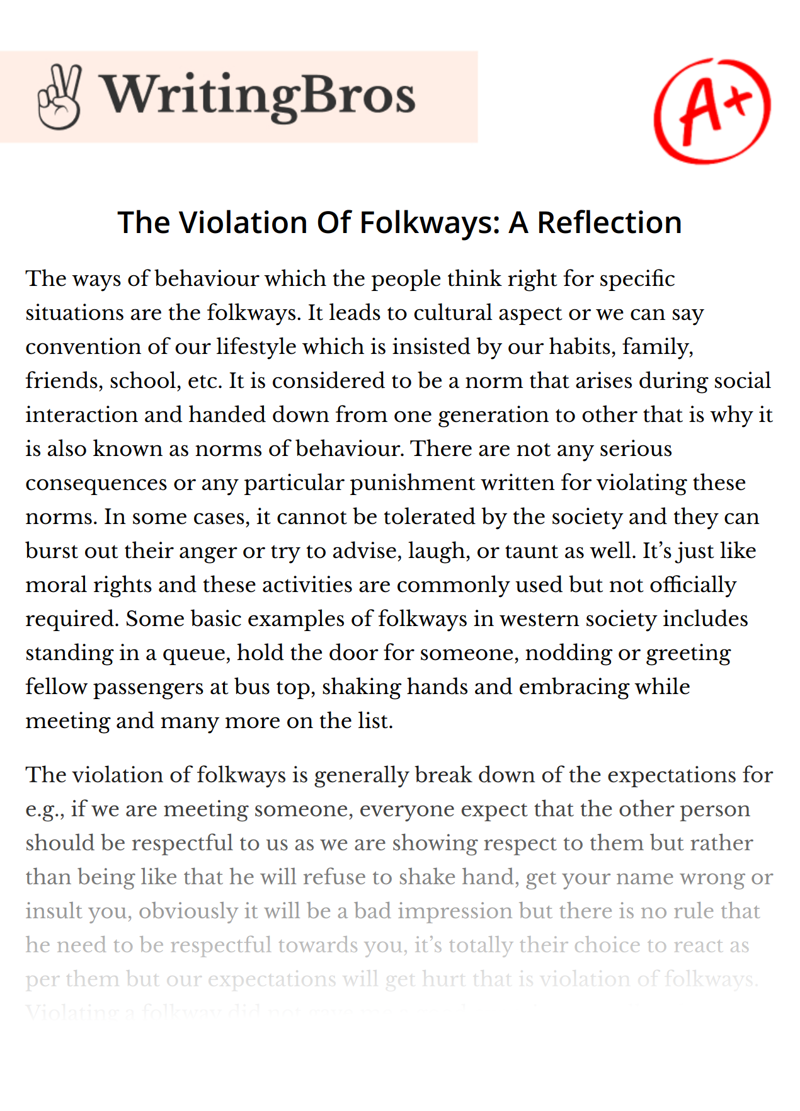 The Violation Of Folkways: A Reflection essay