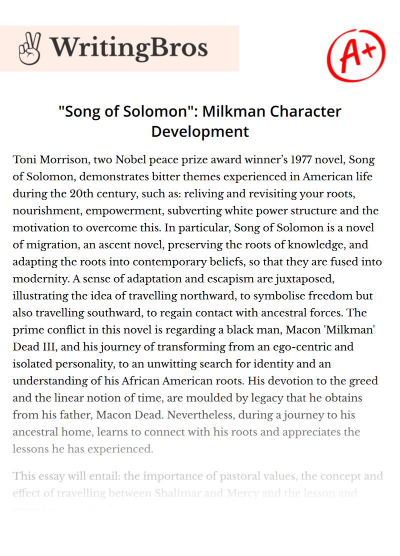 "Song of Solomon": Milkman Character Development essay